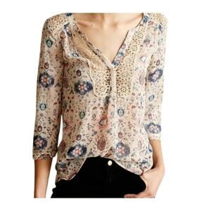 Anthropologie Cream Floral Crochet-Trim Peasant Blouse